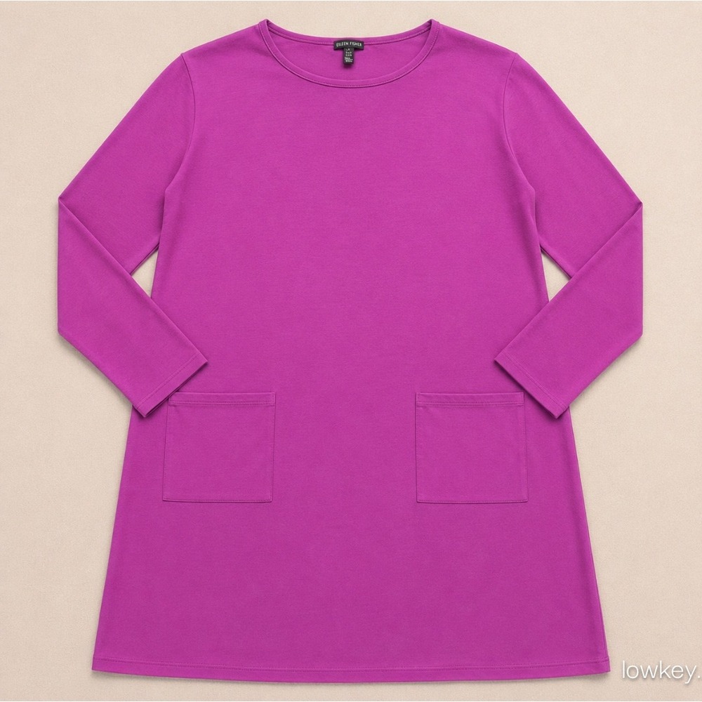 Eileen Fisher Magenta Purple Jersey Knit Tunic Dress XXS Long Sleeve Pockets